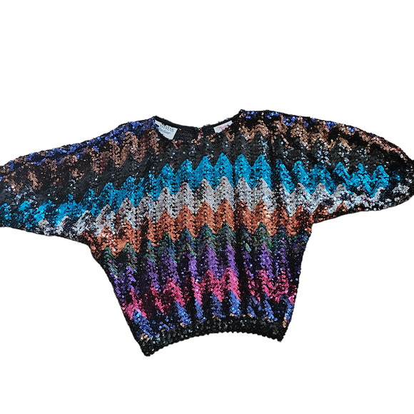 VTG Joy Stevens multi sequin chevron dolman top blouse evening bling Small - Picture 4 of 8